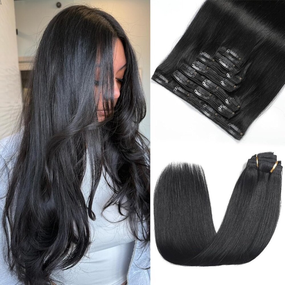 Clip in Hair Extensions Real Human Hair 16 Inch 7pcs Natural Black Voluminous